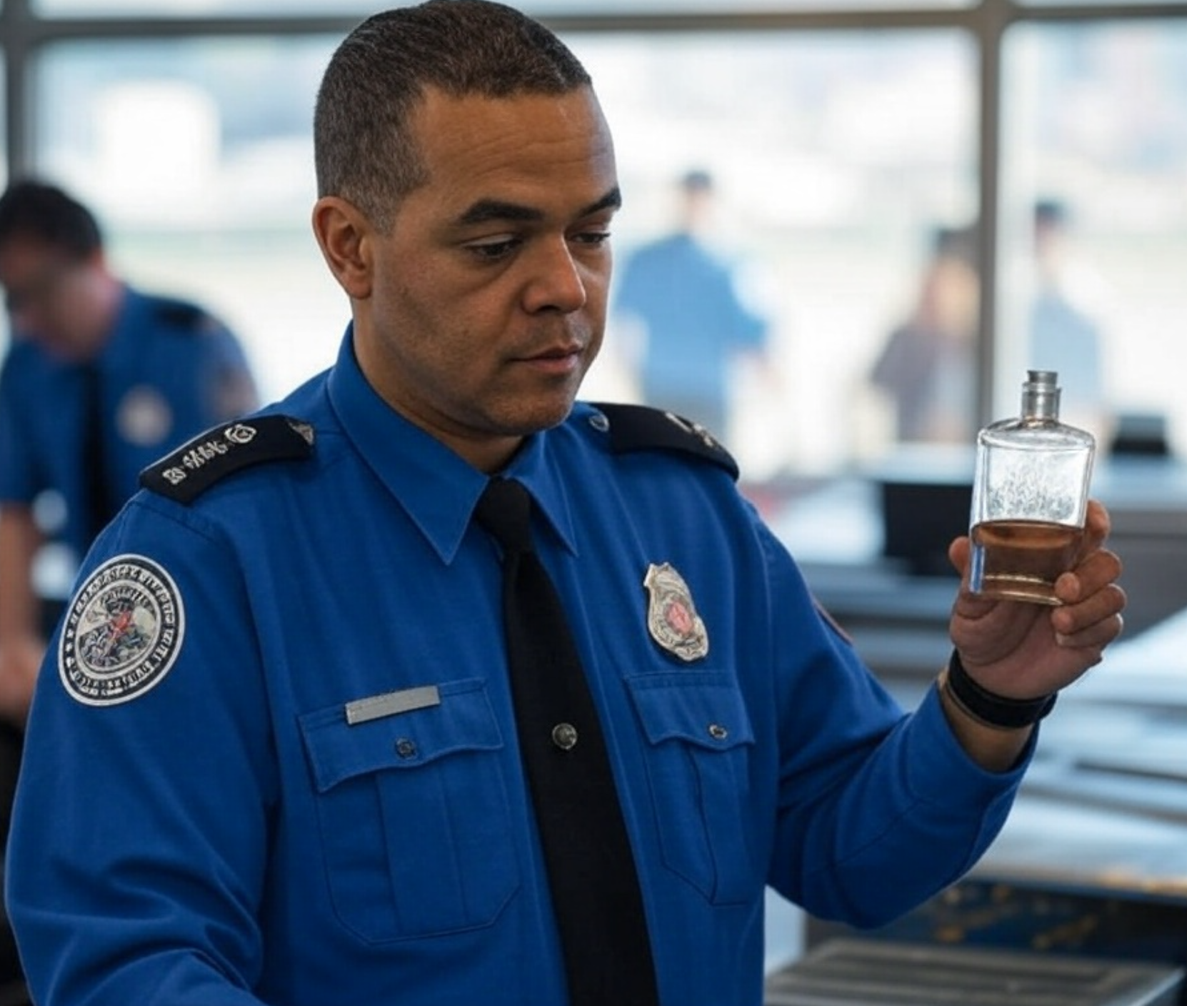 TSA agents inspecting confiscated cologne bottles at an airport security checkpoint