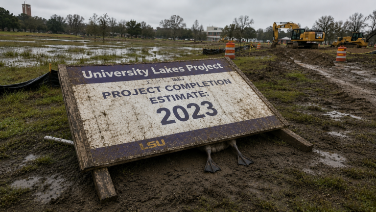 Wildlife Investigators Say Goose Was Crushed by Falling “Project Completion Estimate: 2023” Sign Near LSU Lakes