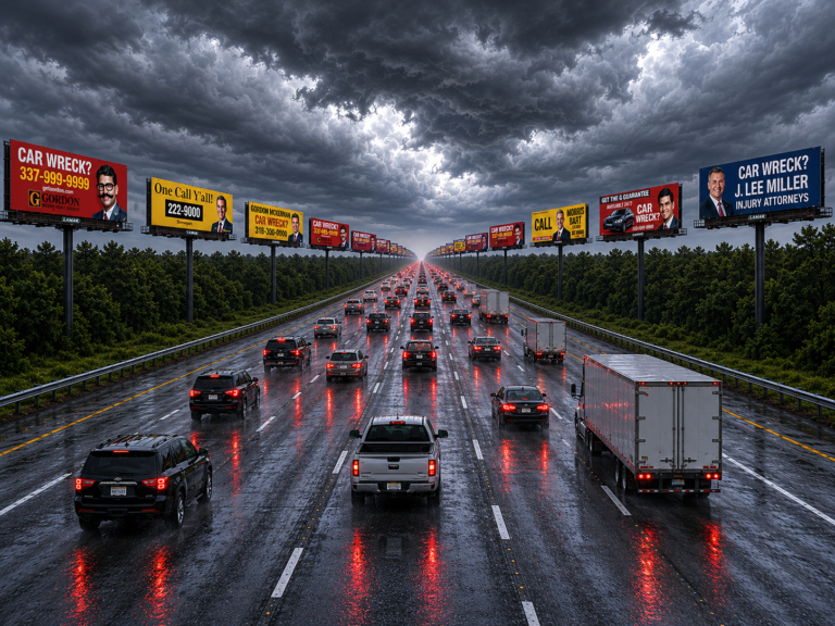 AI Predicts Louisiana Hurricanes Will Lose 60% Intensity Due to Vast Number of Roadside Attorney Billboards