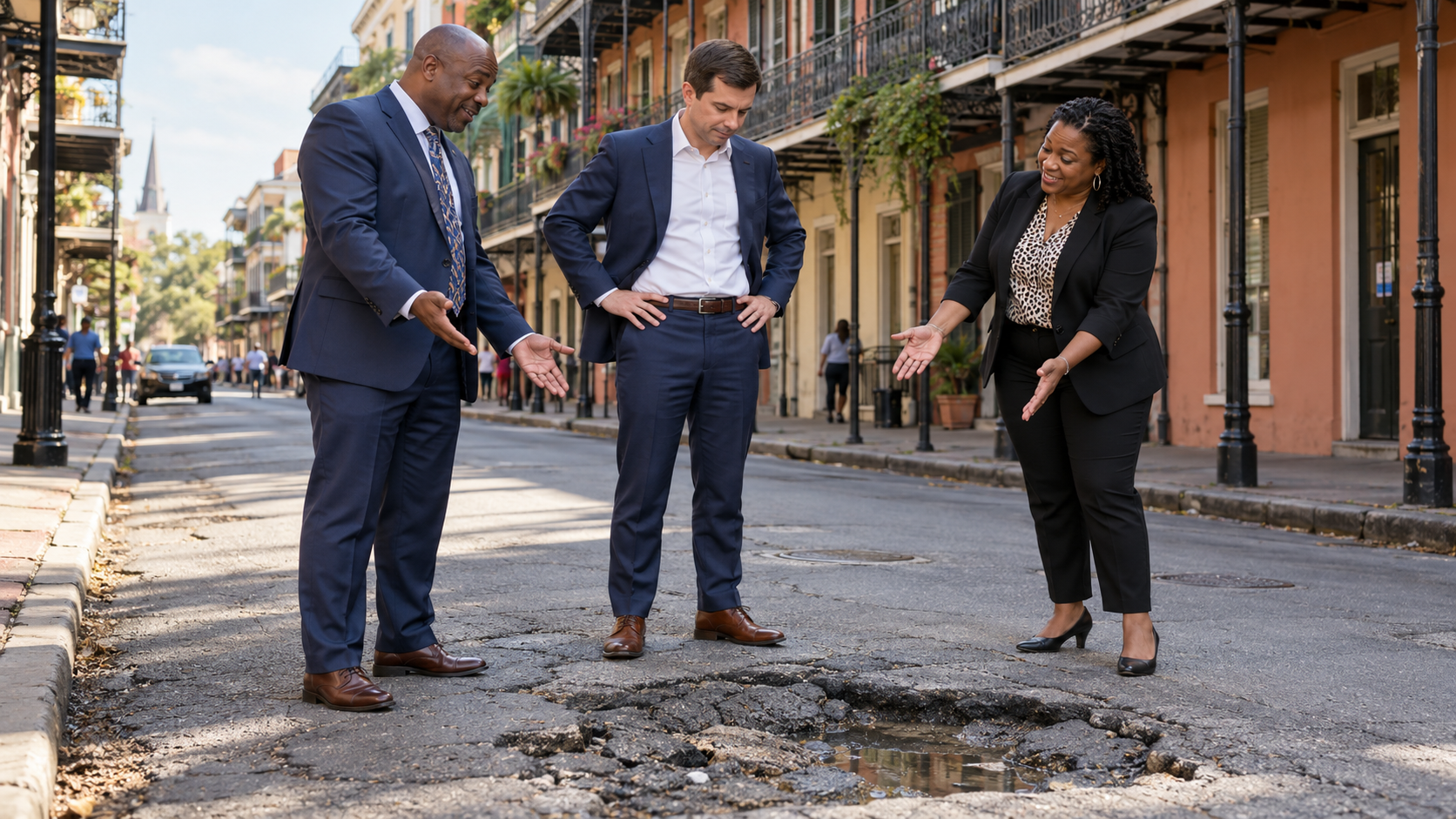 Buttigieg inspects a New Orleans pothole